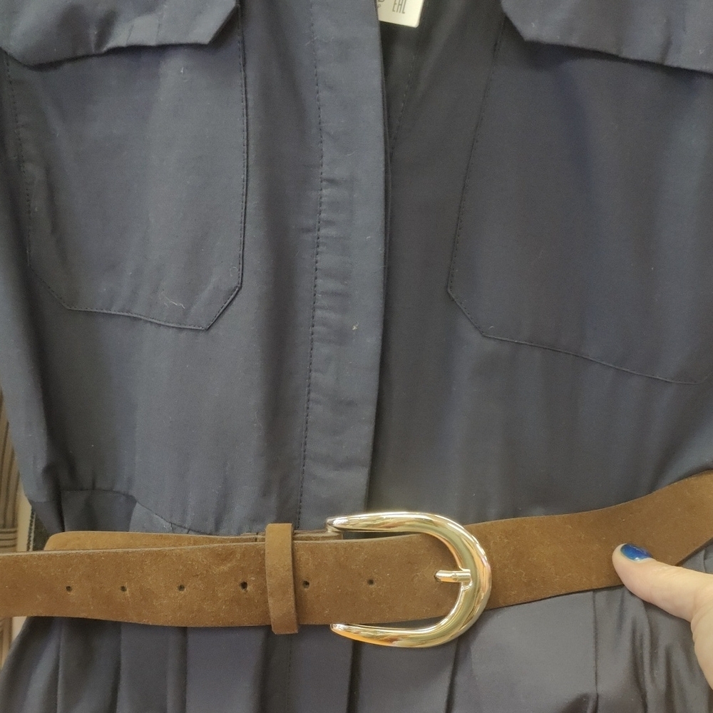 Navy Shirt Dress with Brown Belt - Picture 2 of 6